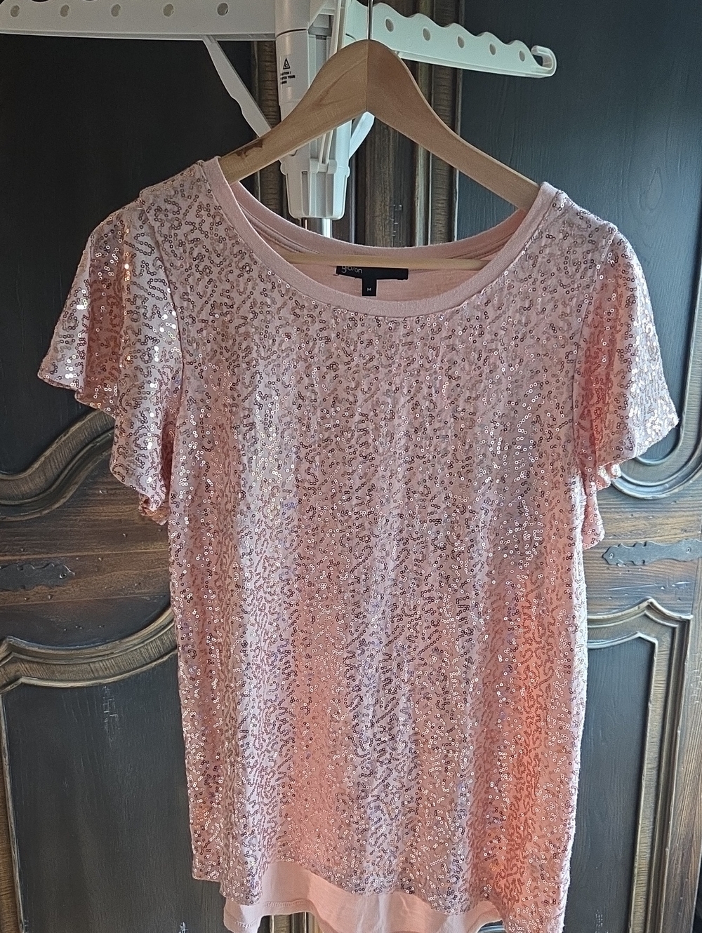 Gibson Pink Sequin Flutter Sleeve Tee